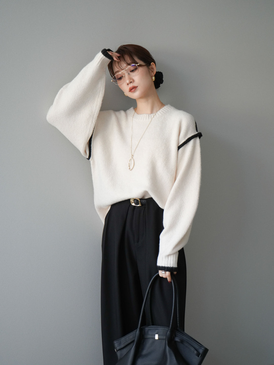 [予約]バイカラーパイピングニットプルオーバー/ivory