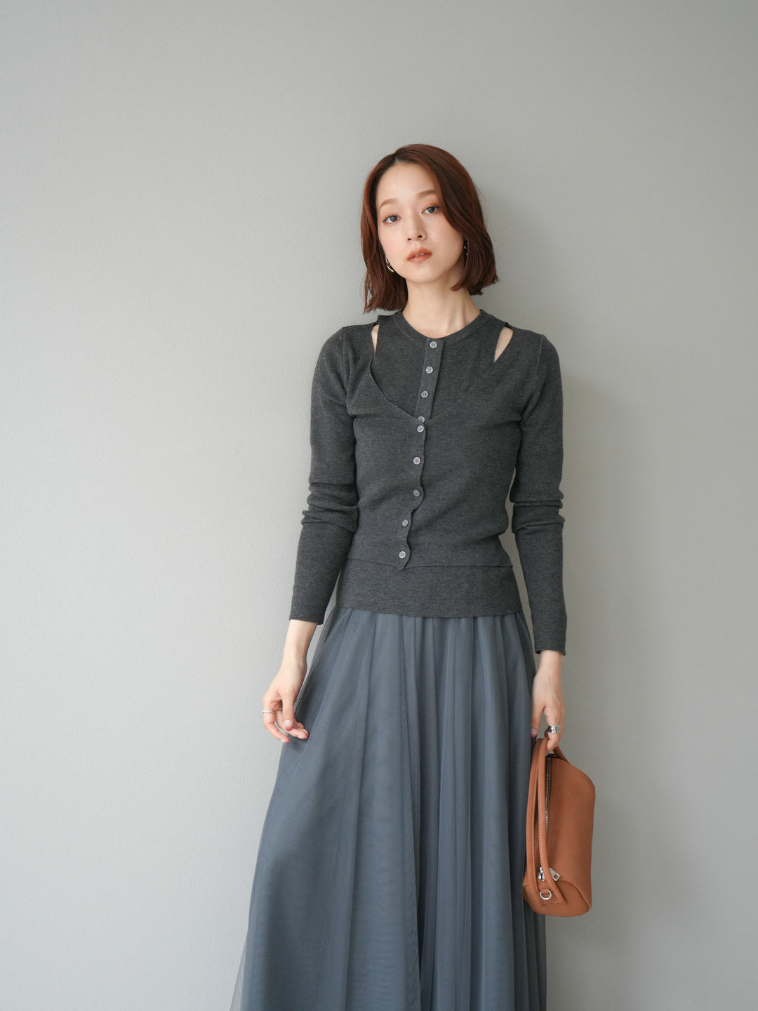 [予約]レイヤードデザインニットカーディガン/チャコール