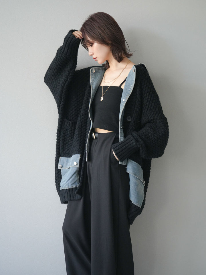 [SET]デニム襟レイヤードニットジャケット+ベルトループデザインワイドパンツ(2set)