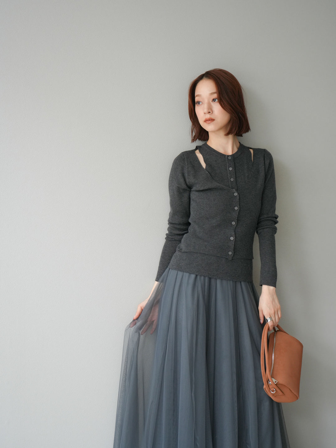 [予約]レイヤードデザインニットカーディガン/チャコール