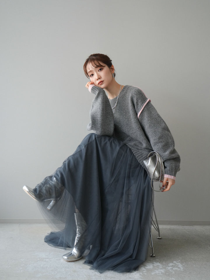 [予約]バイカラーパイピングニットプルオーバー/gray