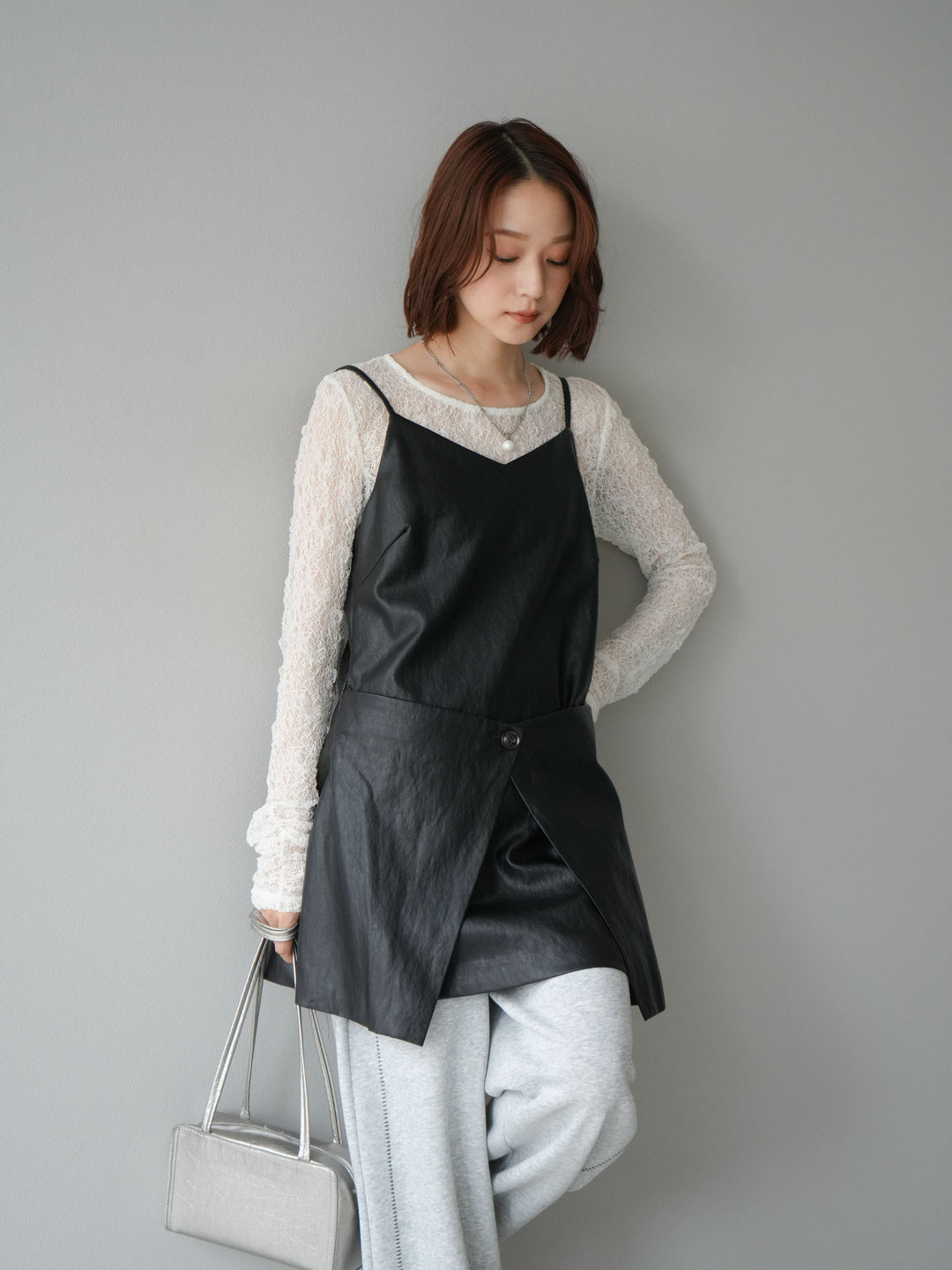 [予約]レイヤードレザーキャミソールチュニック/ブラック