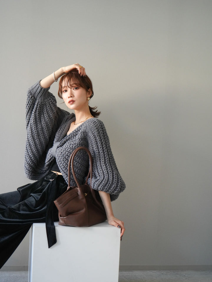 [SET]ローゲージ畦編みドルマンニットボレロ+ベロアベルトスリムパンツ(2set)