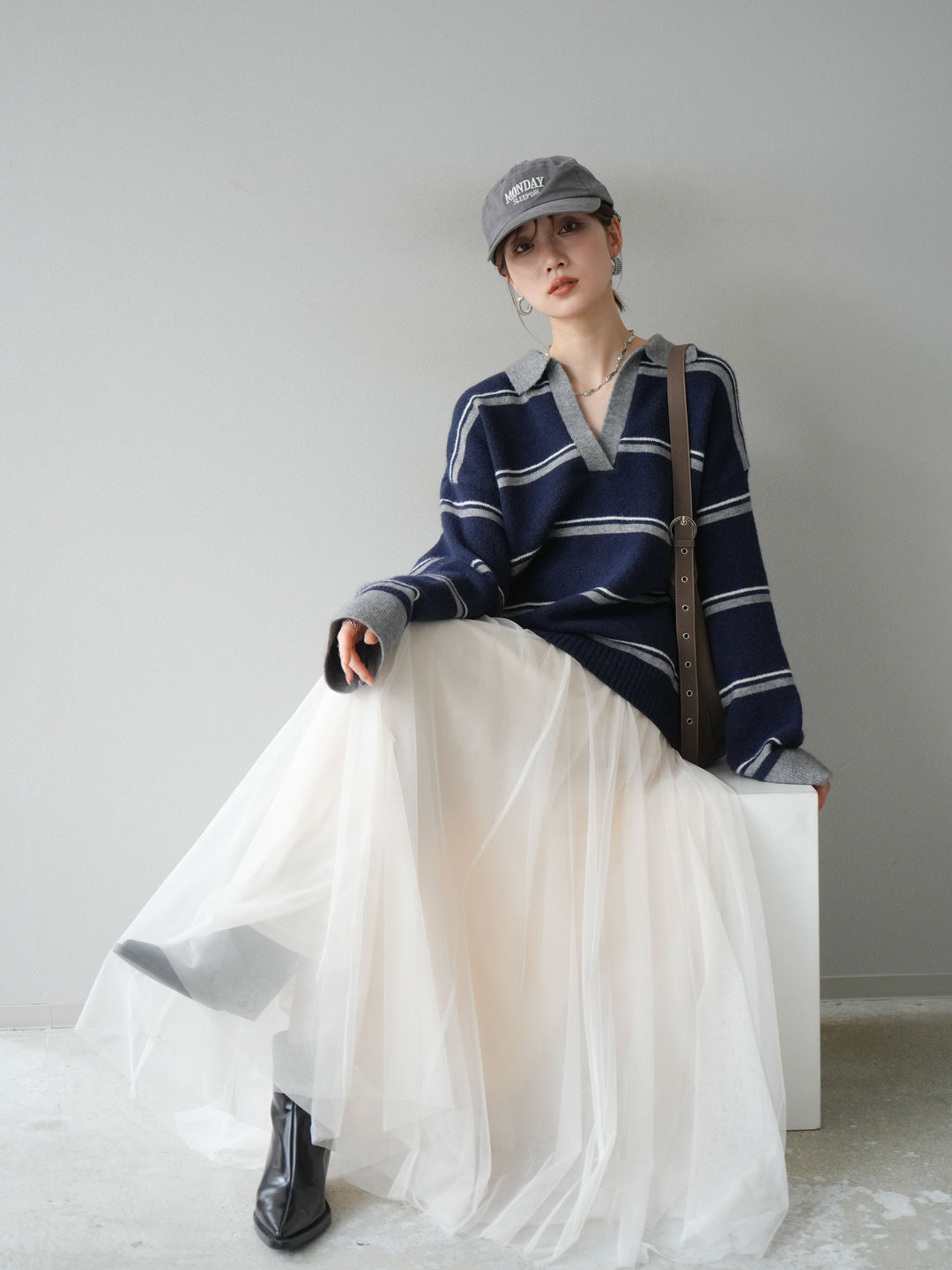 [SET]ポロ襟スキッパーボーダーニットプルオーバー+チュールボリュームスカート(2set)