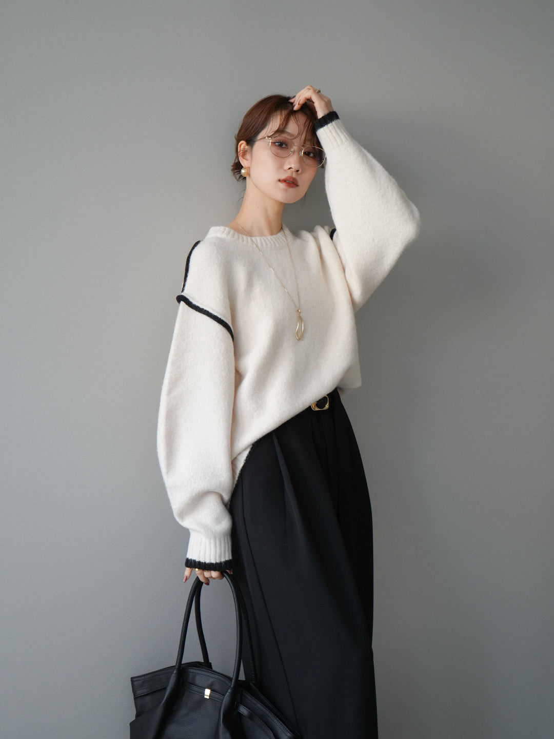 [予約]バイカラーパイピングニットプルオーバー/ivory