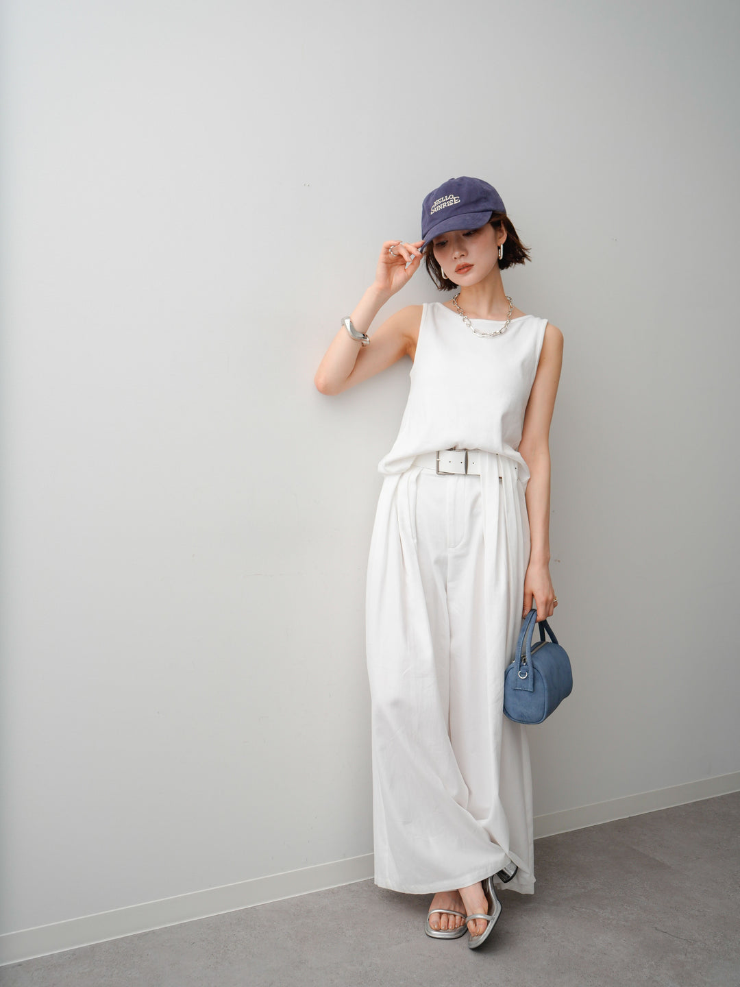 [SET]ツイストタンクトップ+ベルト付デザインループワイドパンツ(2set)