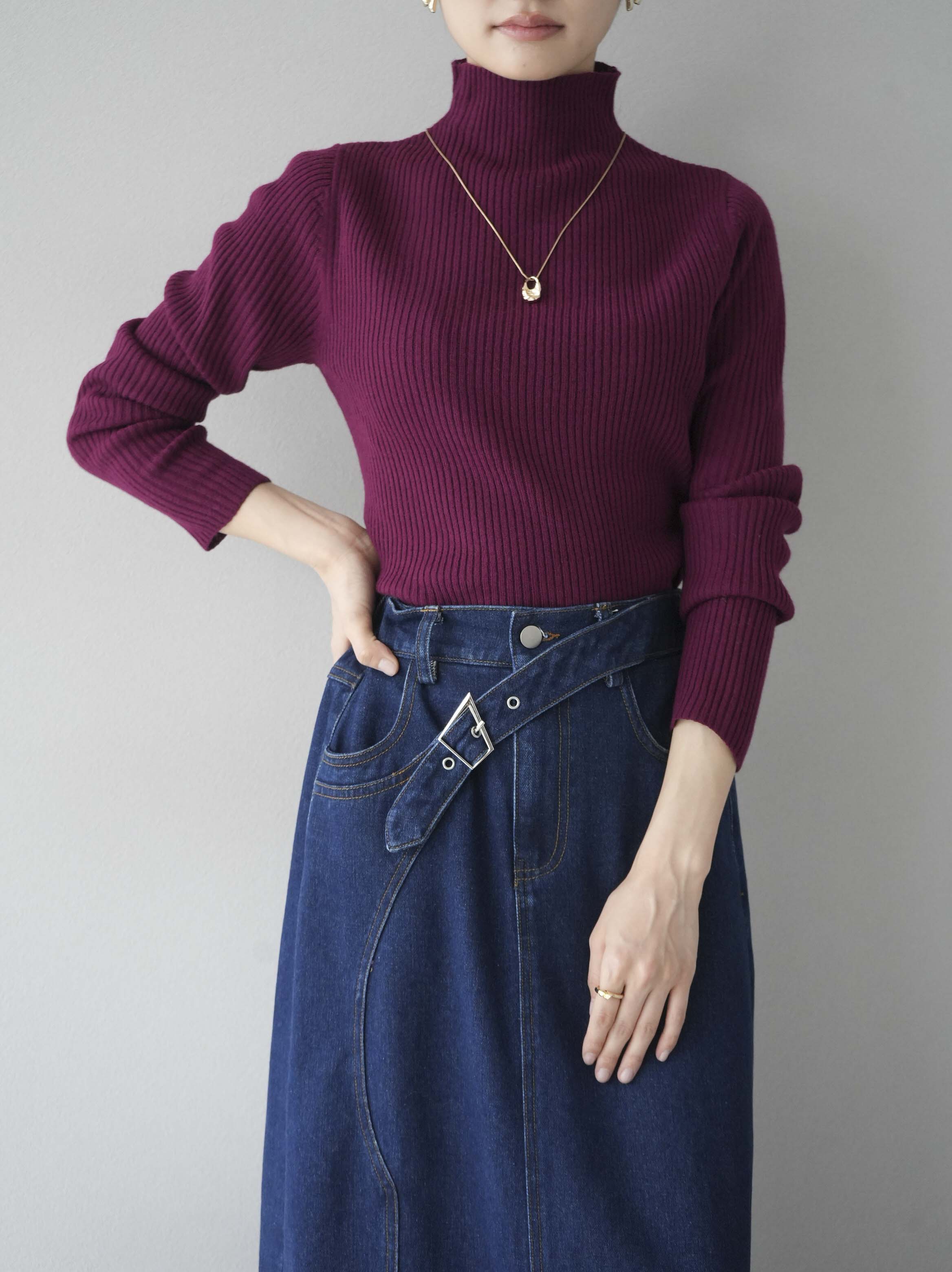 デザインネック　リブニット　ボルドー 予約]オフネックリブニットトップス/ボルドー – Lumier
