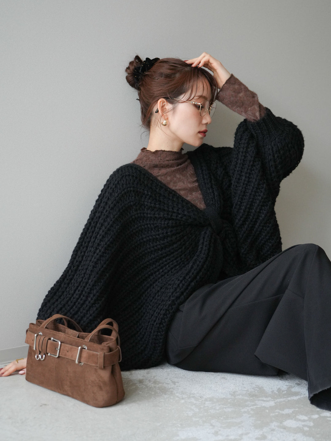 [SET]ローゲージ畦編みドルマンニットボレロ+起毛レースプチネックトップス(2set)