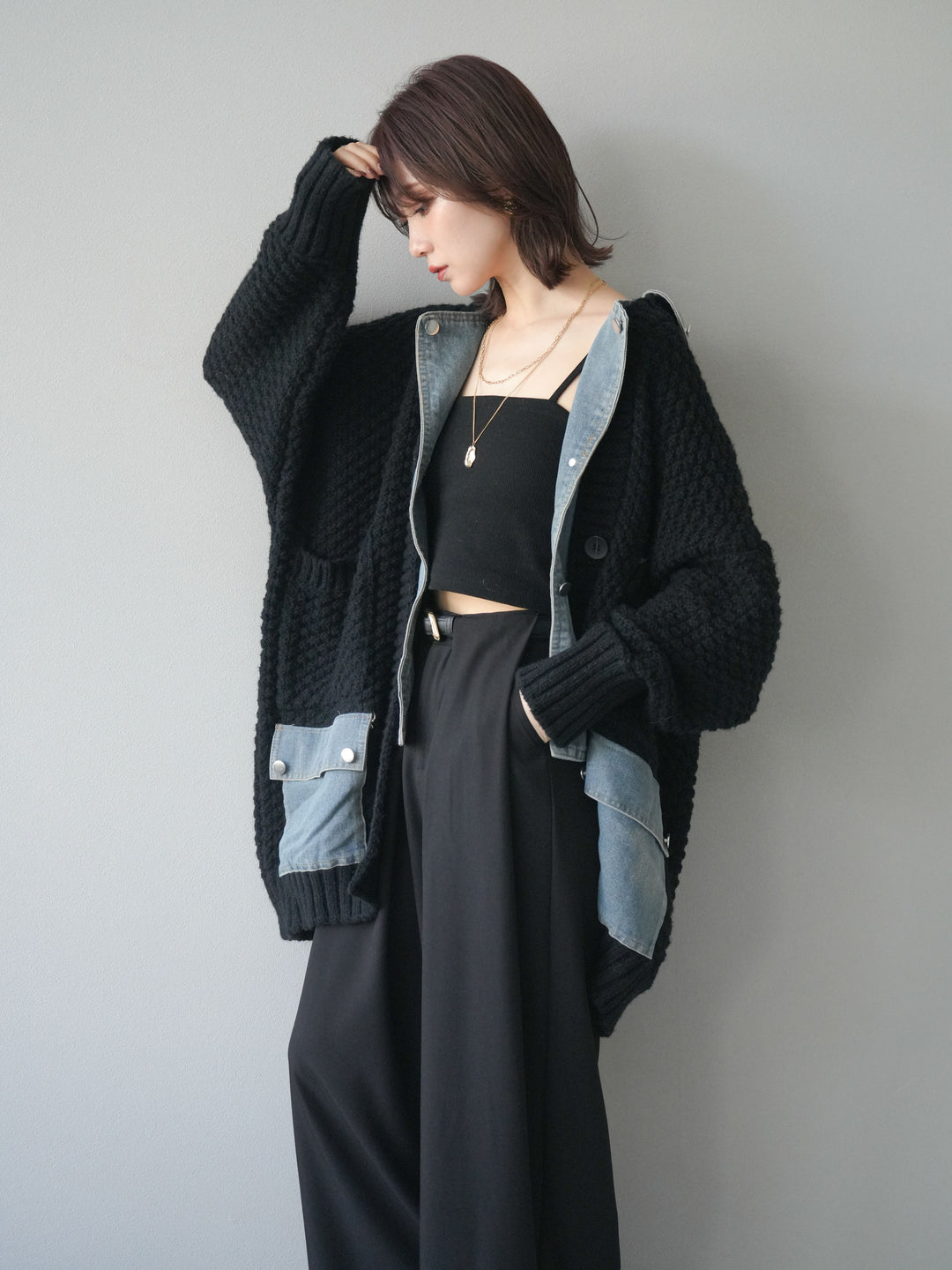 [予約]デニム襟レイヤードニットジャケット/black
