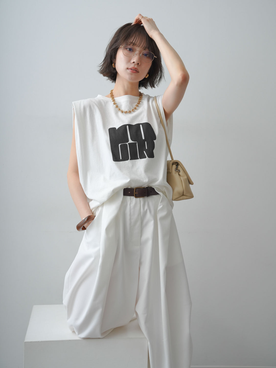 [SET]ワイドネックプリントTEE+ショルダータックノースリーブオーバーTEE(2set)