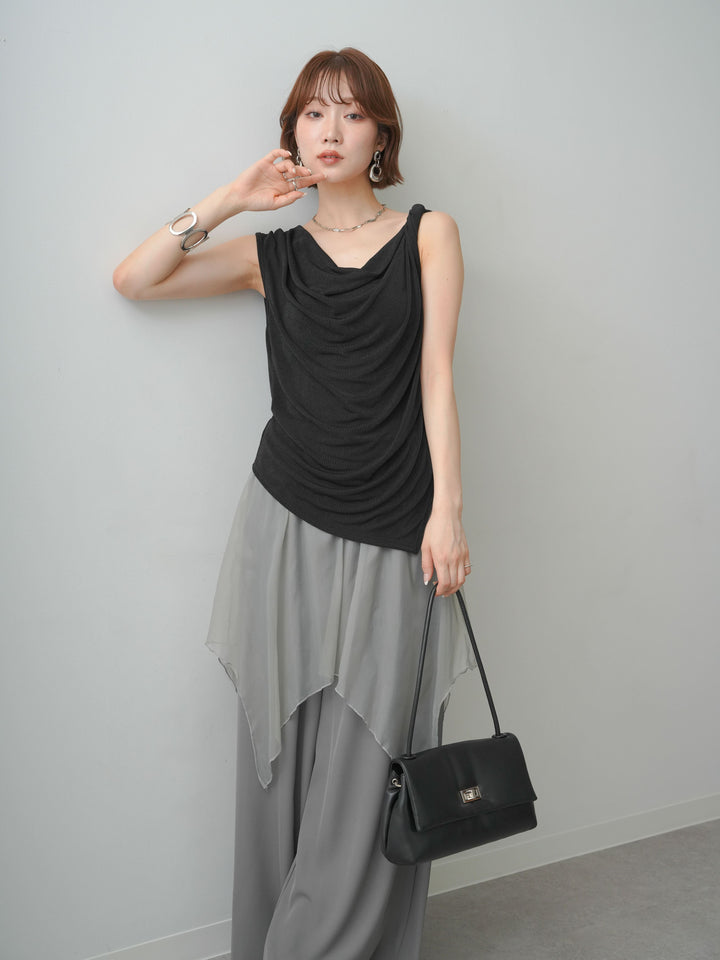 [予約]ツイストショルダーアシメドレープトップス/black
