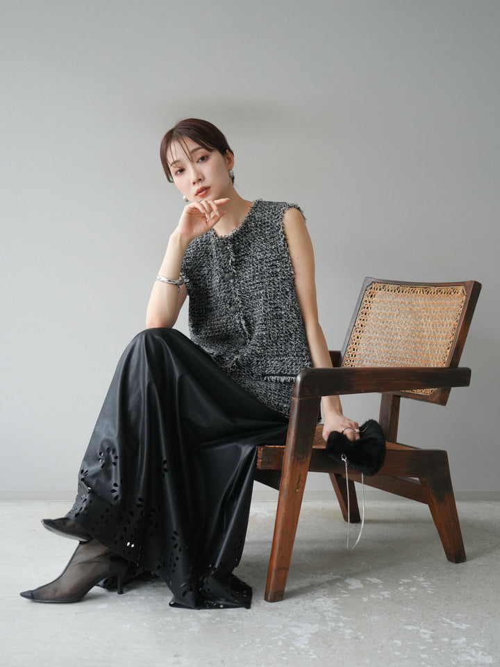 [予約]ミックスツイードフリンジニットベスト/ブラック