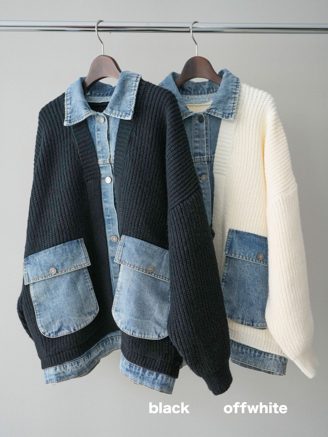 [SET]デニムドッキングオーバーニットジャケット+コーデュロイサイドタックコクーンパンツ(2set)