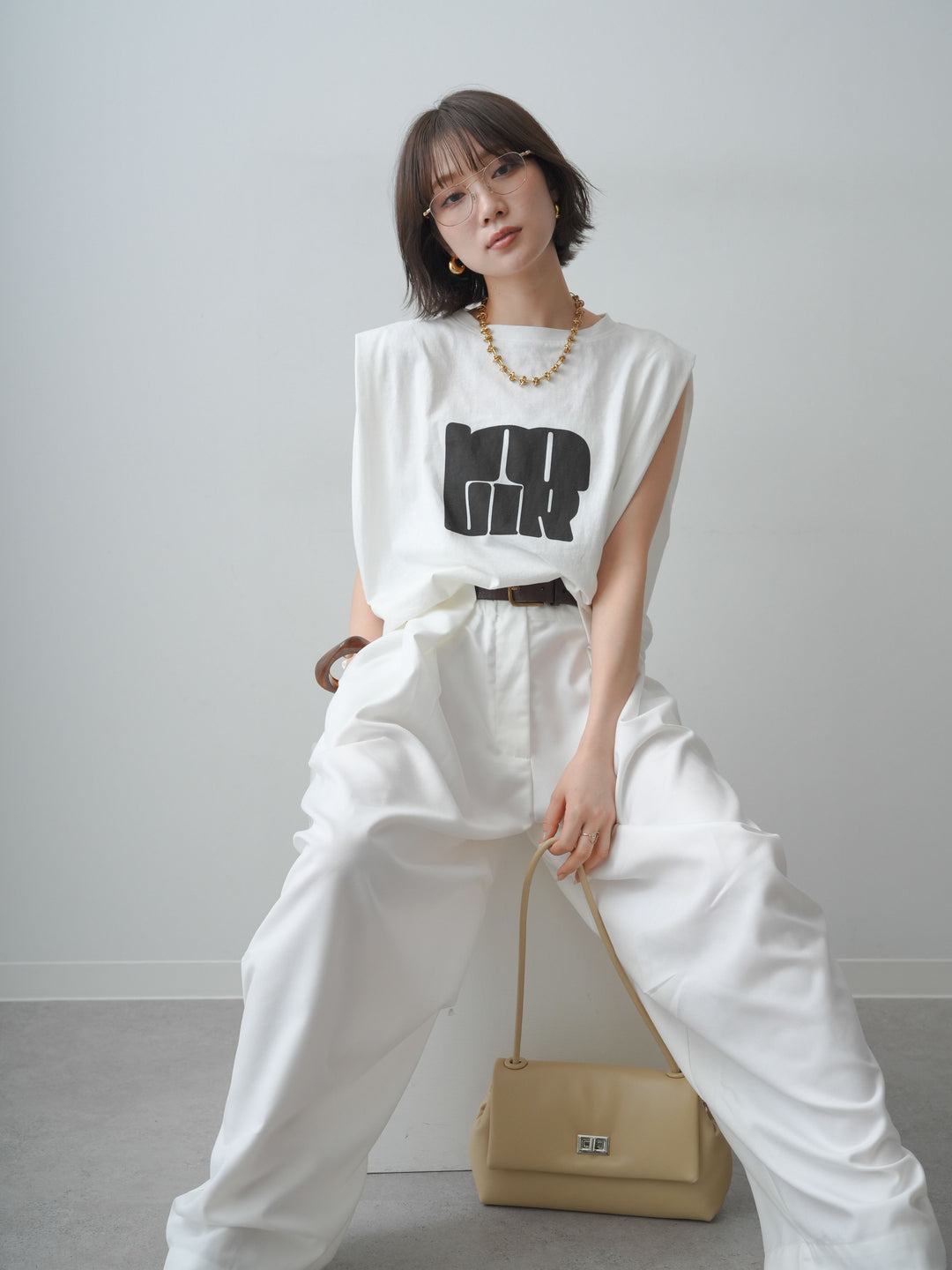 [SET]ワイドネックプリントTEE+ショルダータックノースリーブオーバーTEE(2set)