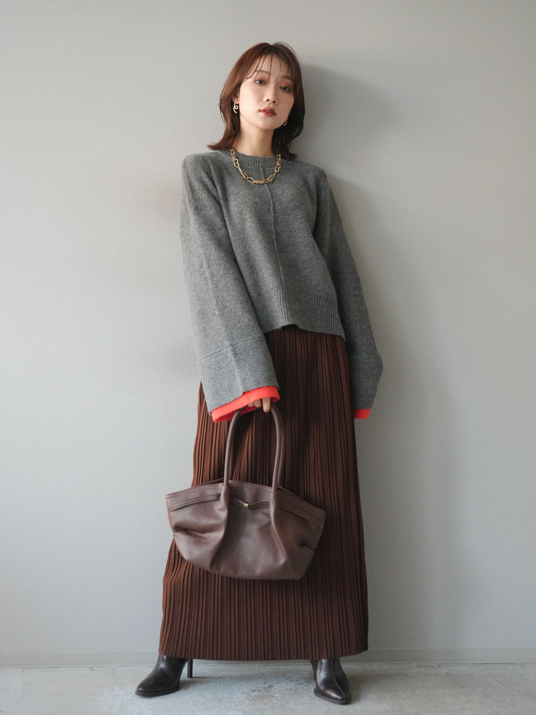 [SET]袖レイヤード配色ニットプルオーバー+プリーツIラインスカート(2set)