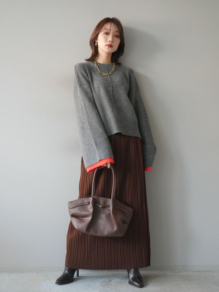 [SET]袖レイヤード配色ニットプルオーバー+プリーツIラインスカート(2set)