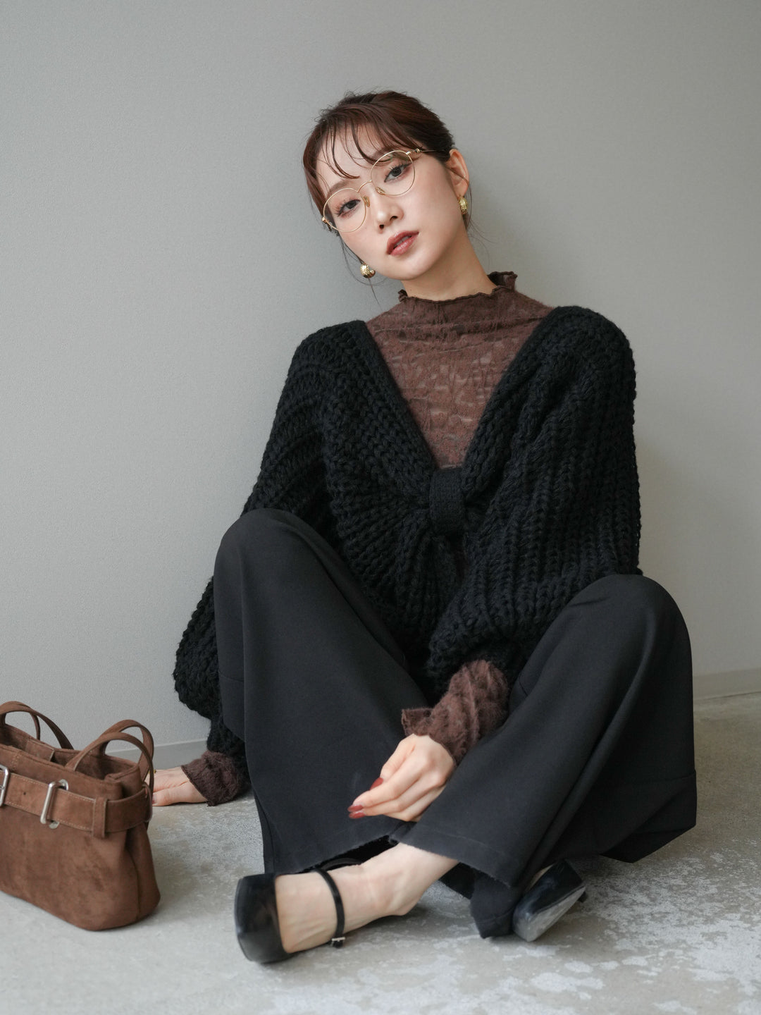 [SET]ローゲージ畦編みドルマンニットボレロ+起毛レースプチネックトップス(2set)