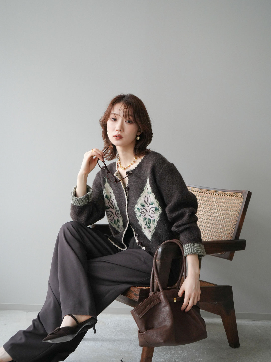 [予約]アンティークフラワージャガードニットカーディガン/brown