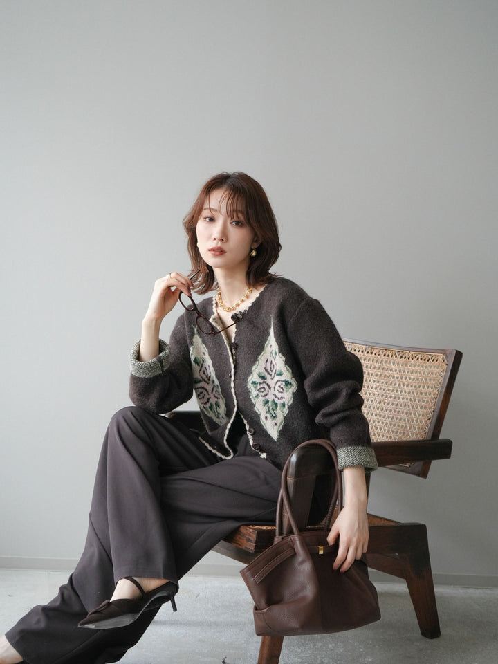 [予約]アンティークフラワージャガードニットカーディガン/brown