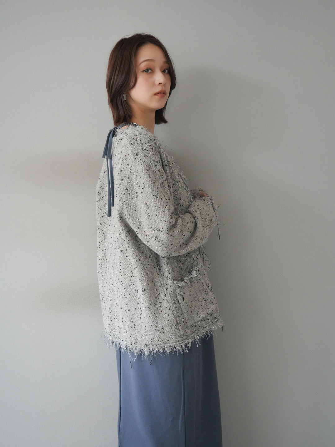 [予約]ネップフリンジニットカーディガン/khaki