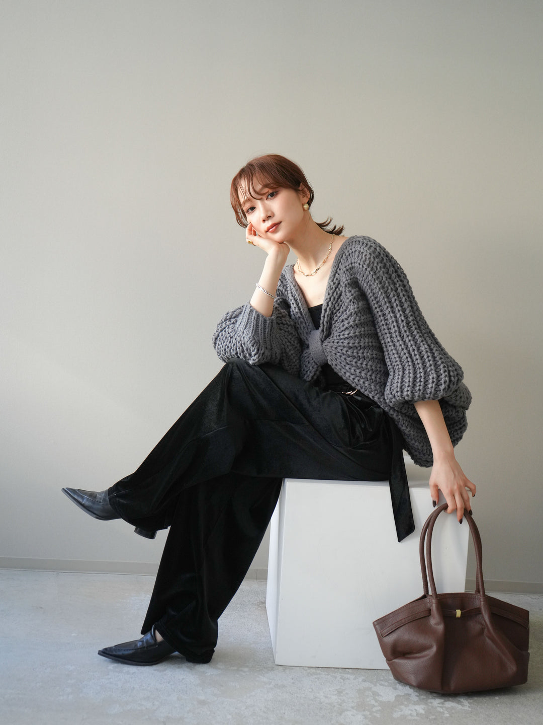 [SET]ローゲージ畦編みドルマンニットボレロ+ベロアベルトスリムパンツ(2set)