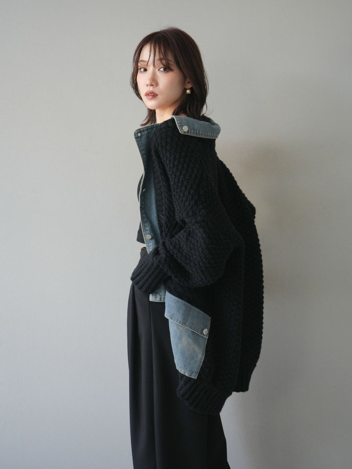 [SET]デニム襟レイヤードニットジャケット+ベルトループデザインワイドパンツ(2set)