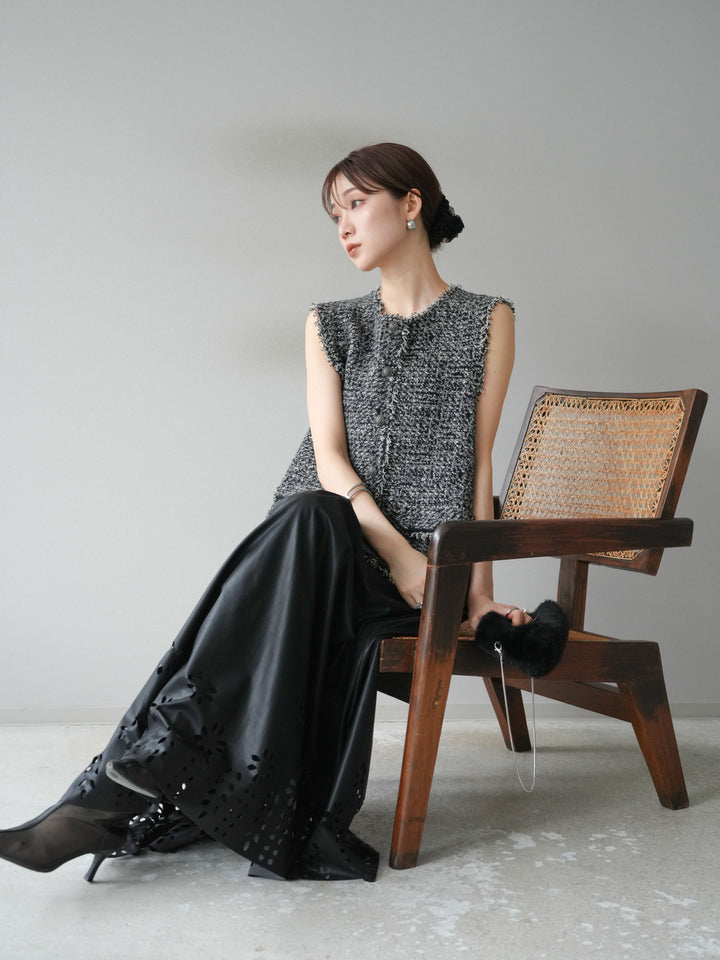 [予約]ミックスツイードフリンジニットベスト/ブラック