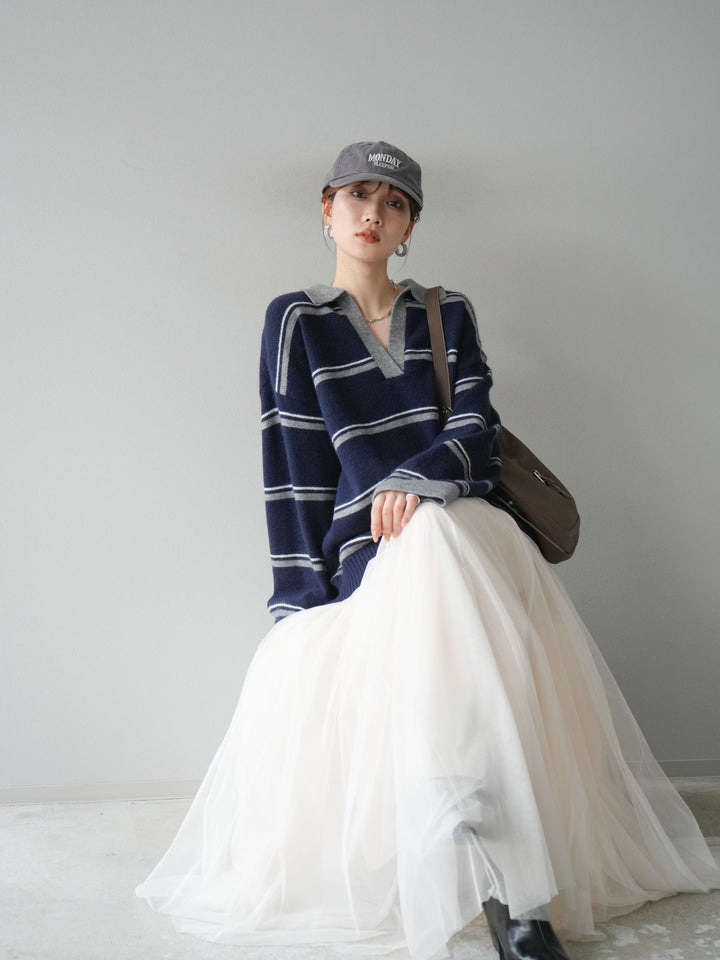 [SET]ポロ襟スキッパーボーダーニットプルオーバー+チュールボリュームスカート(2set)