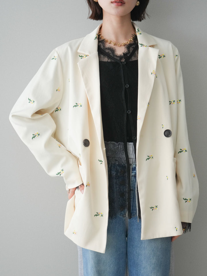 [予約]フラワー刺繍テーラードジャケット/ivory