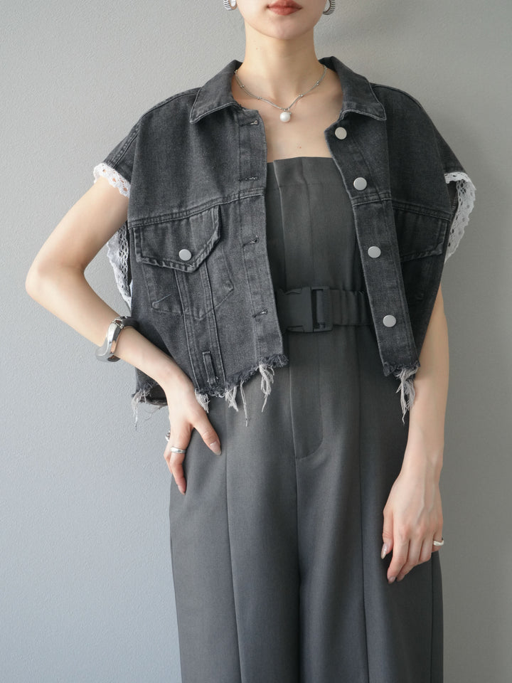 [予約]袖レースダメージデニムショートジャケット/ブラック