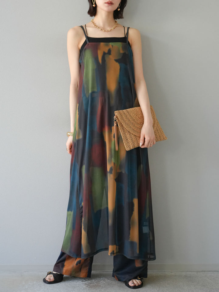 [予約]水彩アートシアーキャミワンピース/チャコール