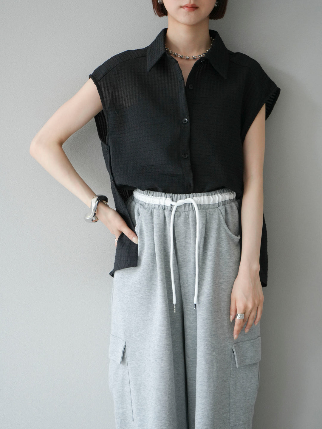 [SET] 透視格紋無袖襯衫 + 透視格紋無袖襯衫 (2 件套)