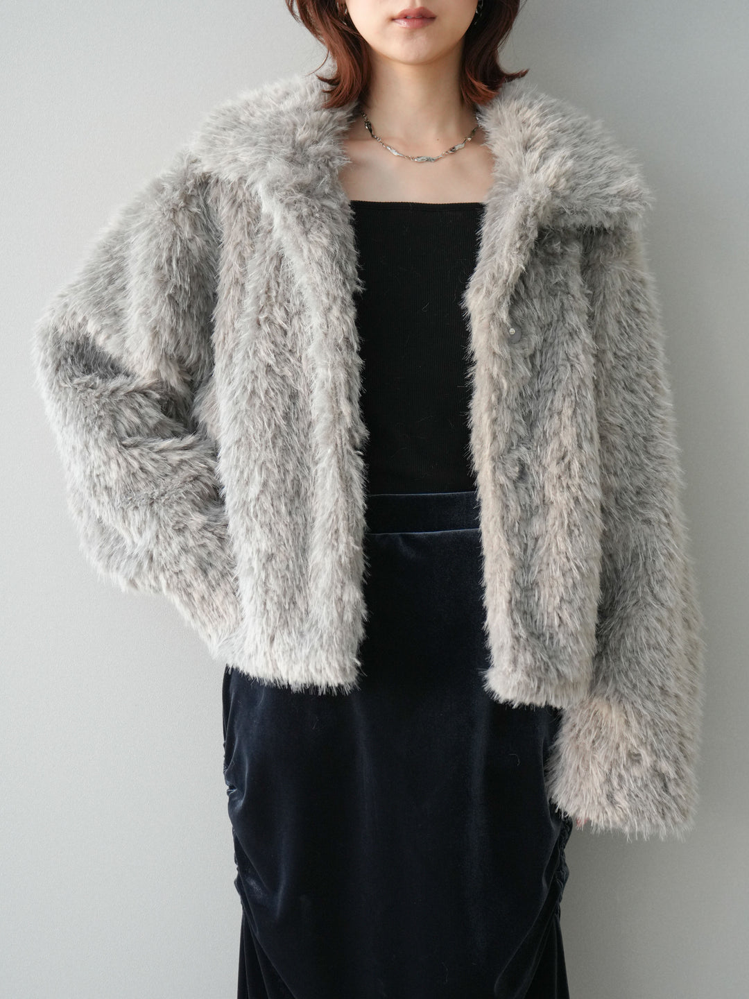 [SET]フェイクファー襟付きショートブルゾン+ギャザーベロアスカート(2set)