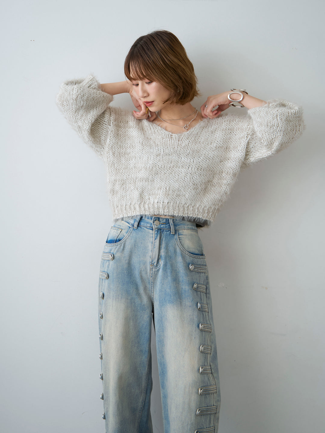 [SET]Vネックシャギークロップニットトップス+Vネックシャギークロップニットトップス(2set)