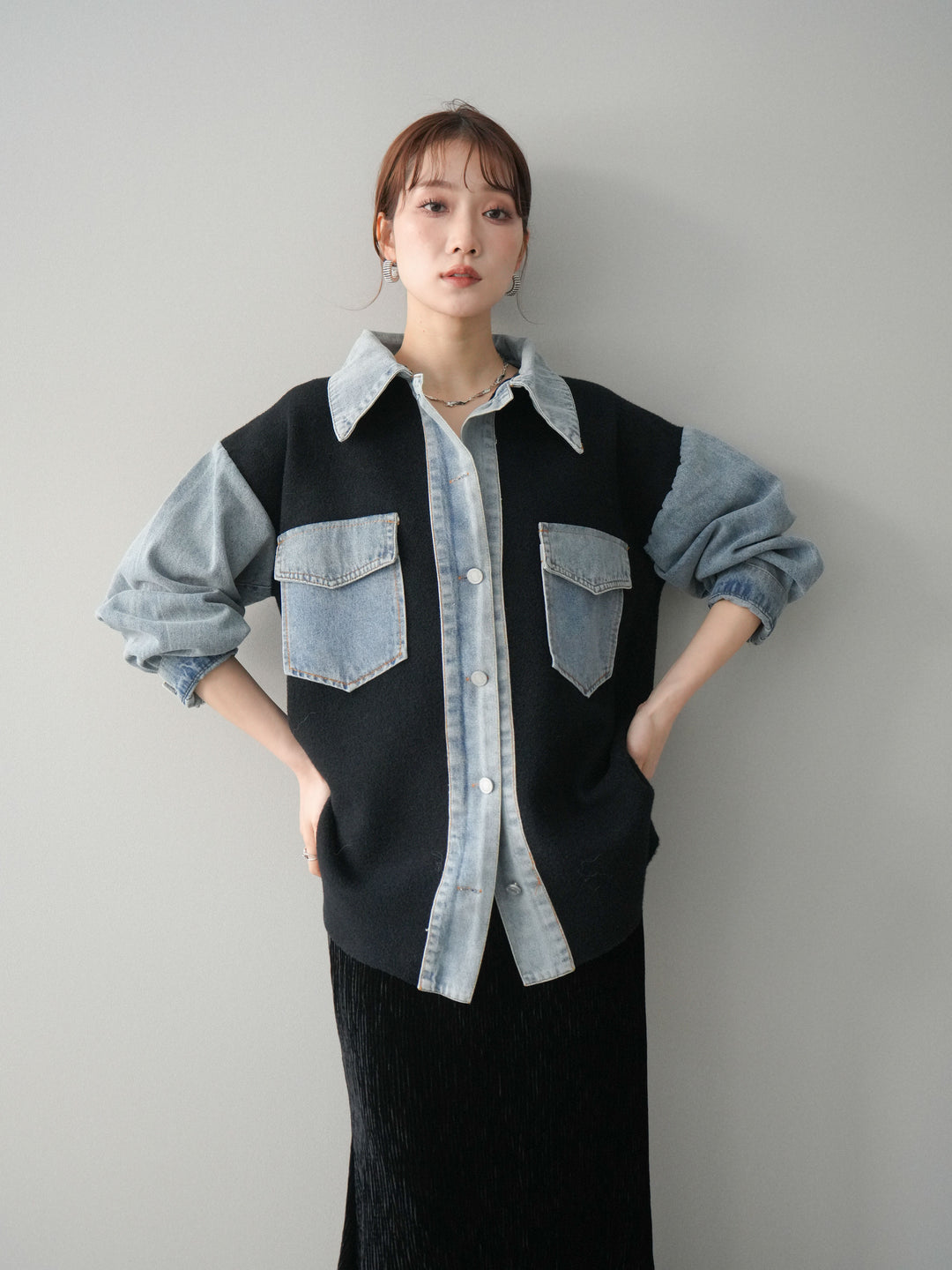 [予約]デニム襟ダブルフェイスニットカーディガン/black