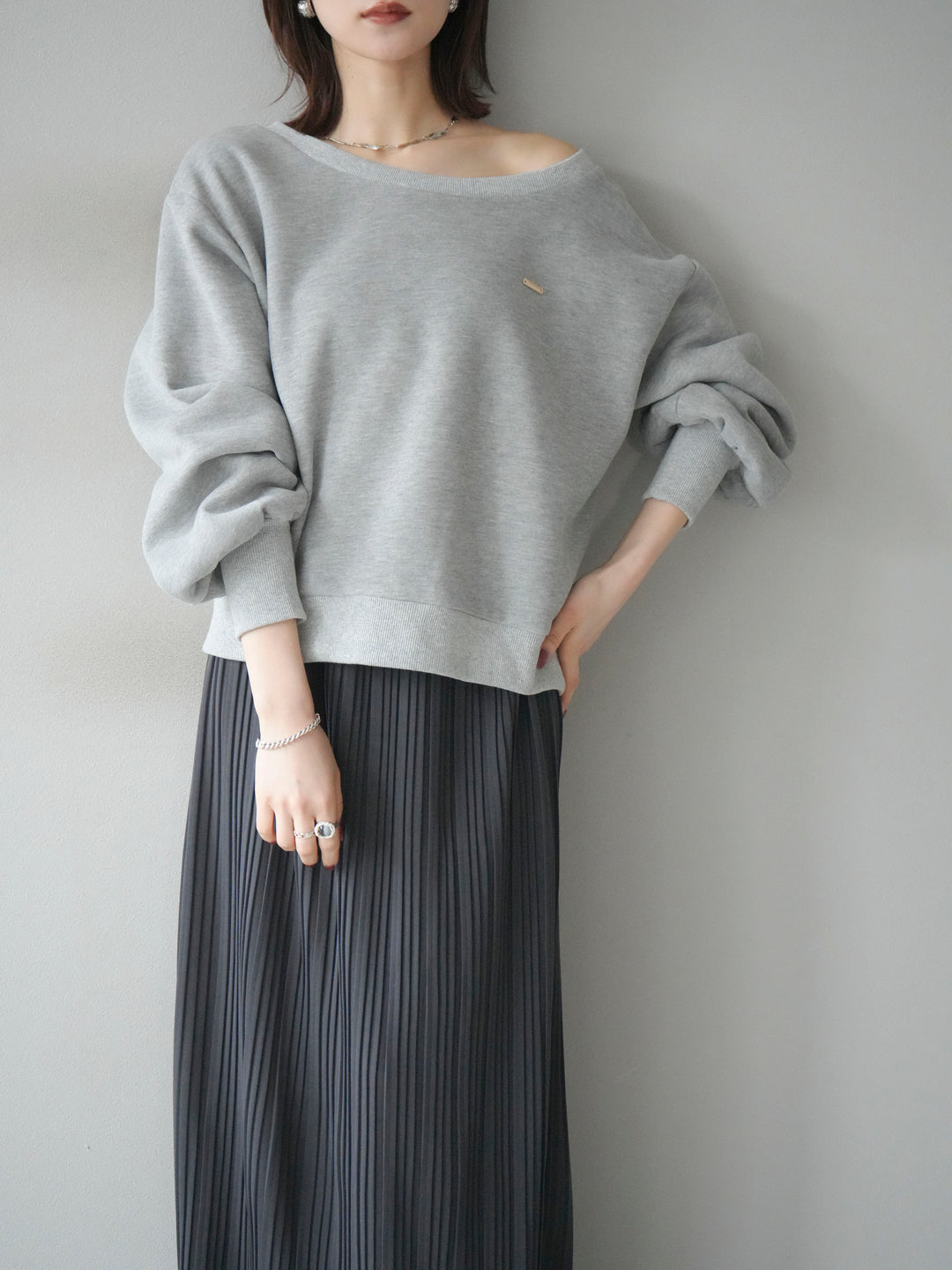 [予約]プレート付裏起毛ワンショルプルオーバー/mixgray