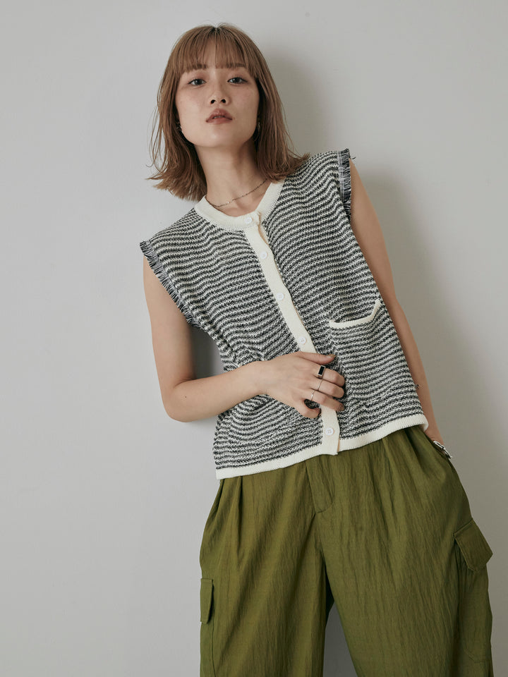 [予約]ボーダー袖フリンジニットベスト/オフ