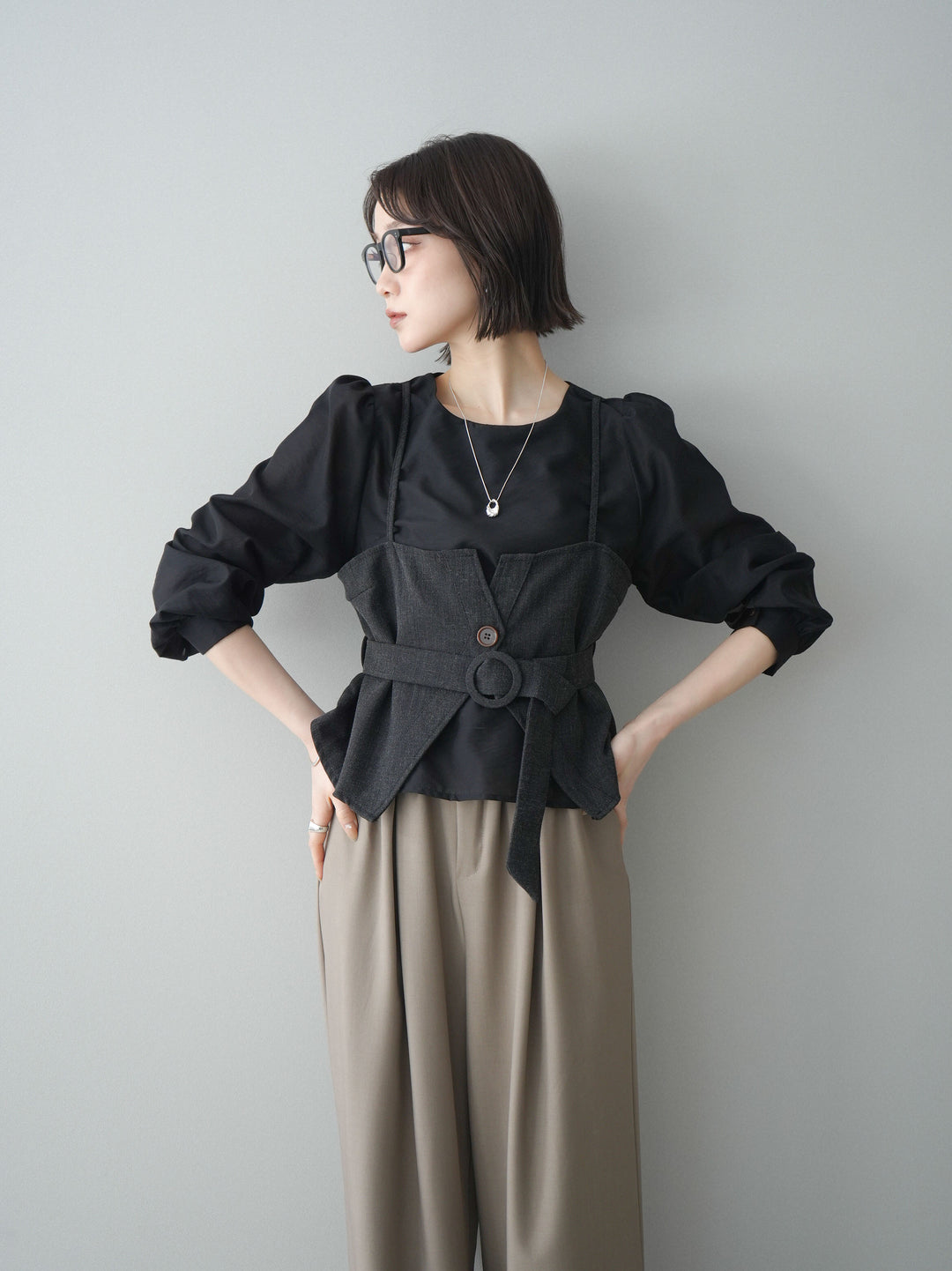[SET]異素材ビスチェドッキングブラウス+異素材ビスチェドッキングブラウス(2set)