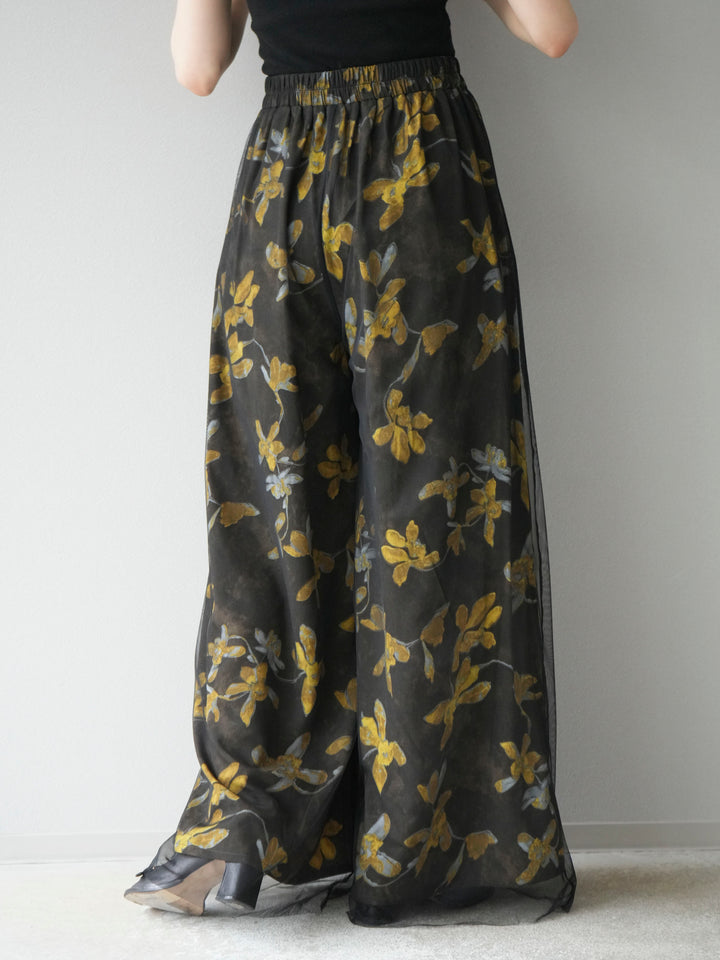 [予約]フラワープリントチュールレイヤードパンツ/ブラウン