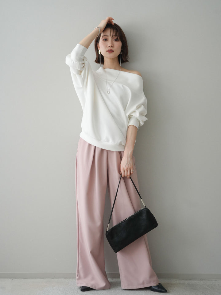 [SET]アシンメトリーオフショルポンチプルオーバー+ベルト付キーホルダーモチーフワイドパンツ(2set)