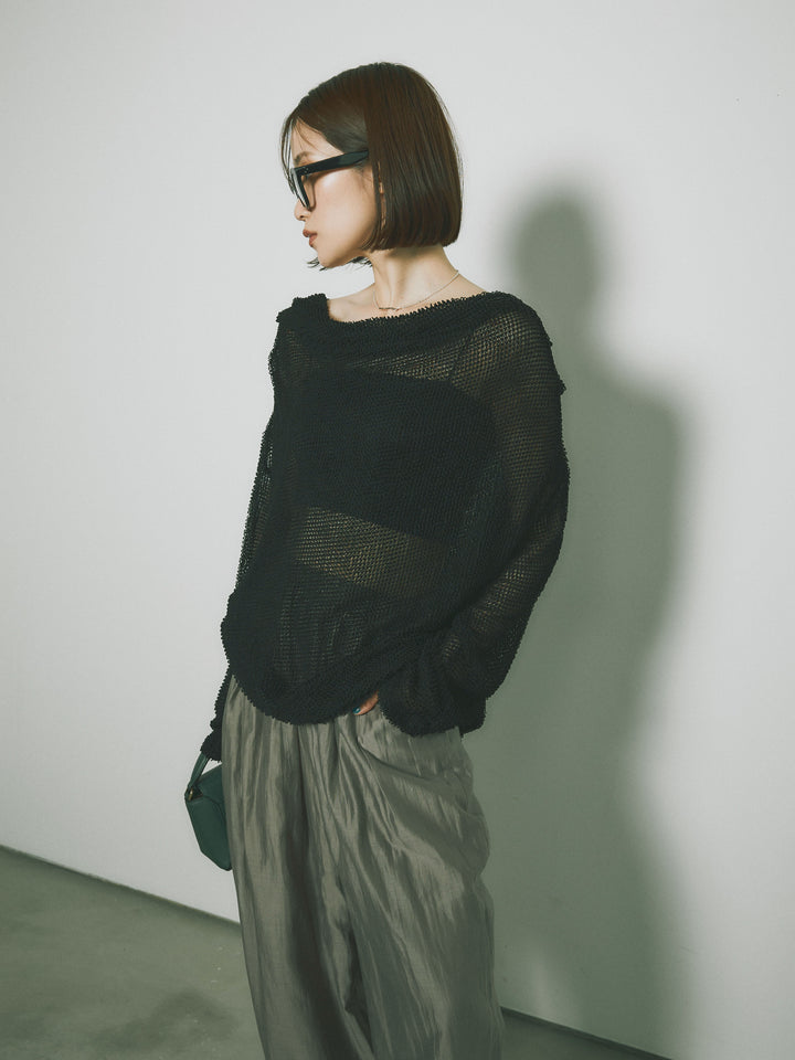 [SET] 後背垂墜網眼套頭衫 + 透明萊賽爾三折寬褲 (2 套)