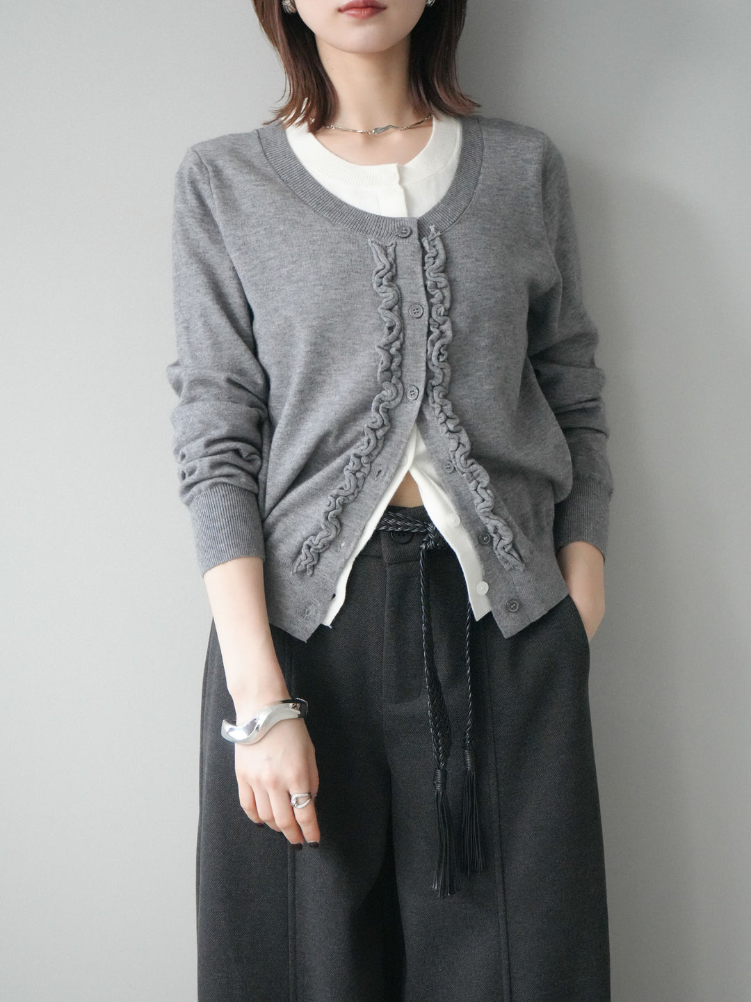 [予約]配色レイヤードフリルデザインニットカーディガン/gray