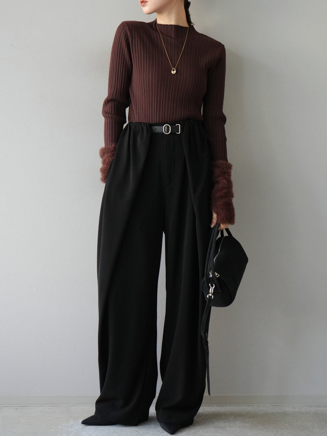 [予約]アームシャギーランダムリブニットトップス/ブラウン