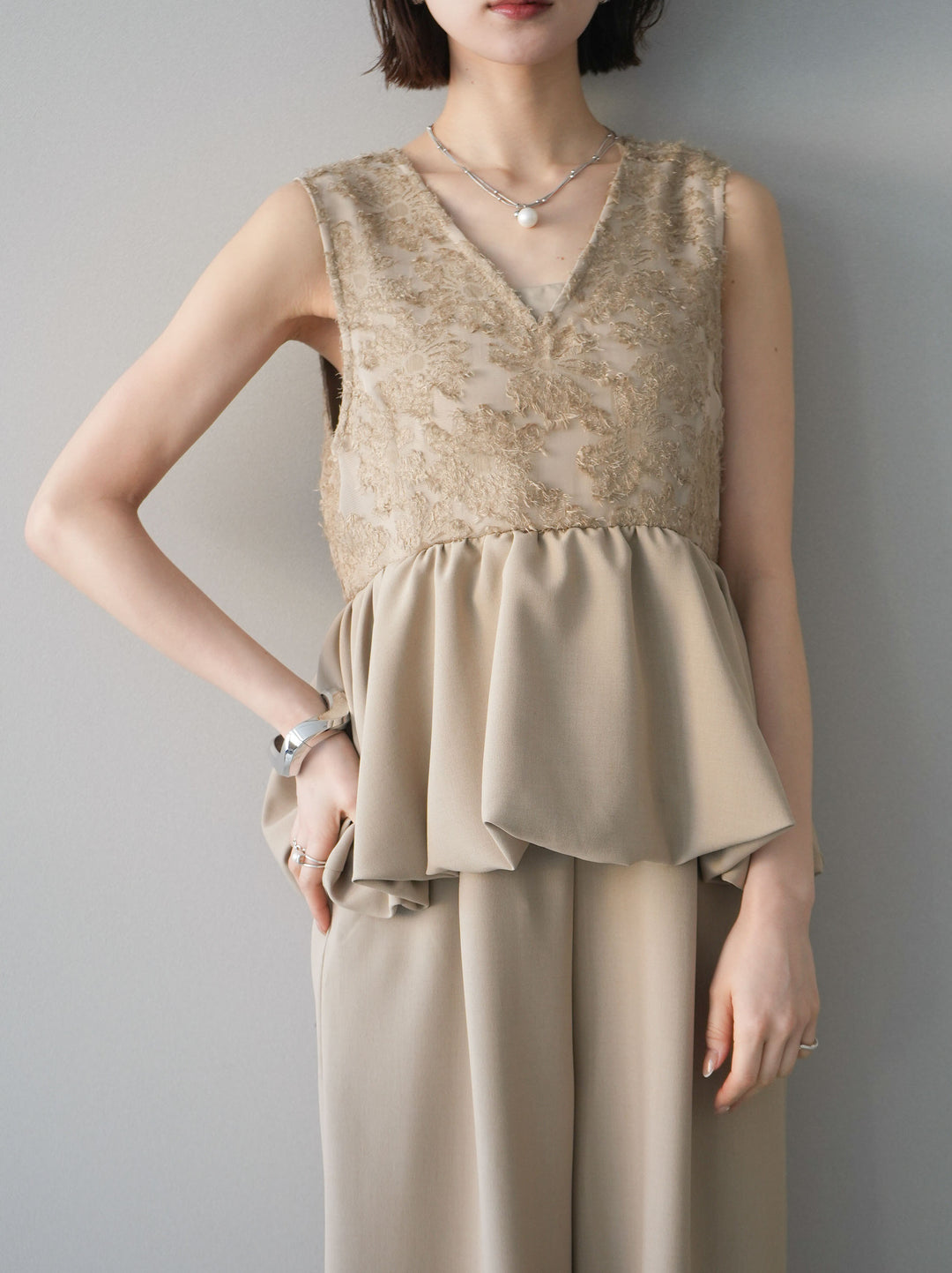 [SET]ジャガードレースぺプラムドッキングサロペット+選べるアクセセット(2set)