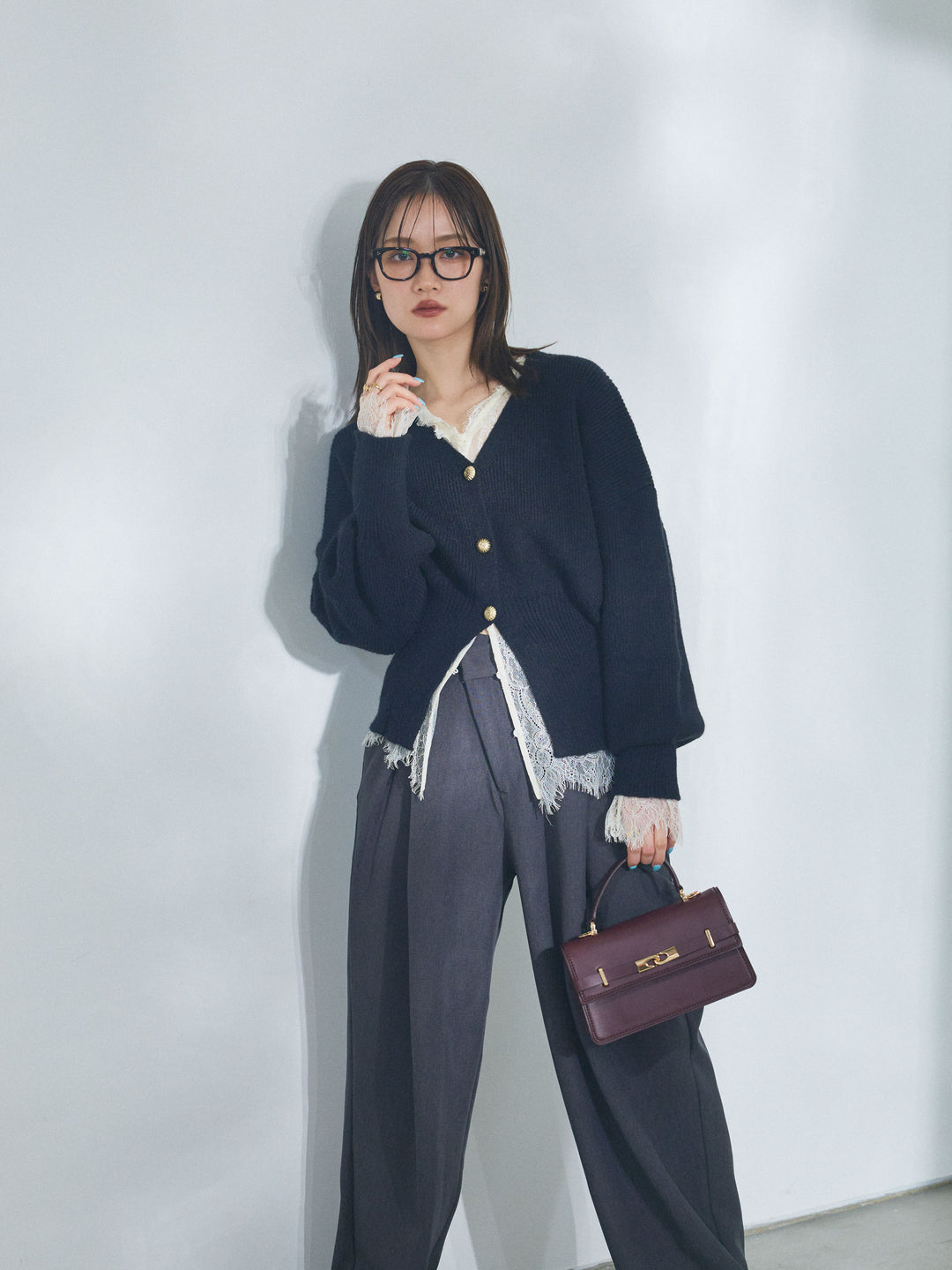 【Allure】[SET]ゴールドボタンニットカーディガン×レースブラウスSET+ゴールドボタンニットカーディガン×レースブラウスSET(2set)