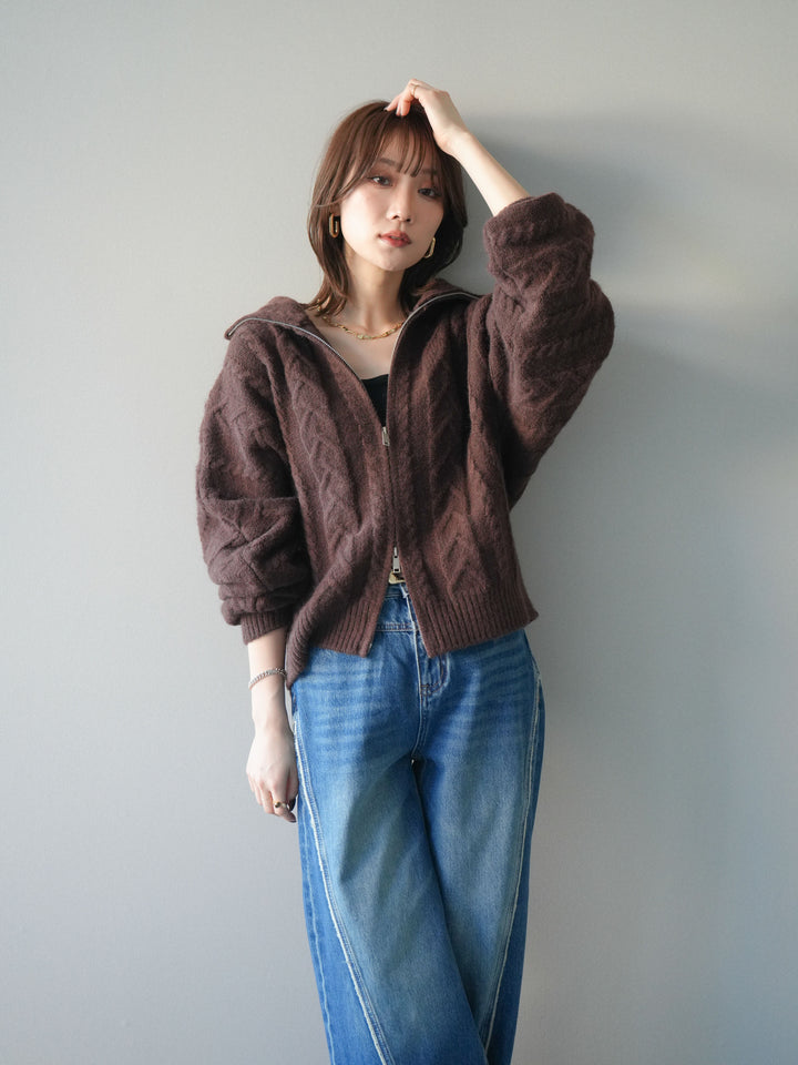 [SET]ケーブル編みハイネックZIPニットカーディガン+サイドフリンジワイドデニムパンツ(2set)