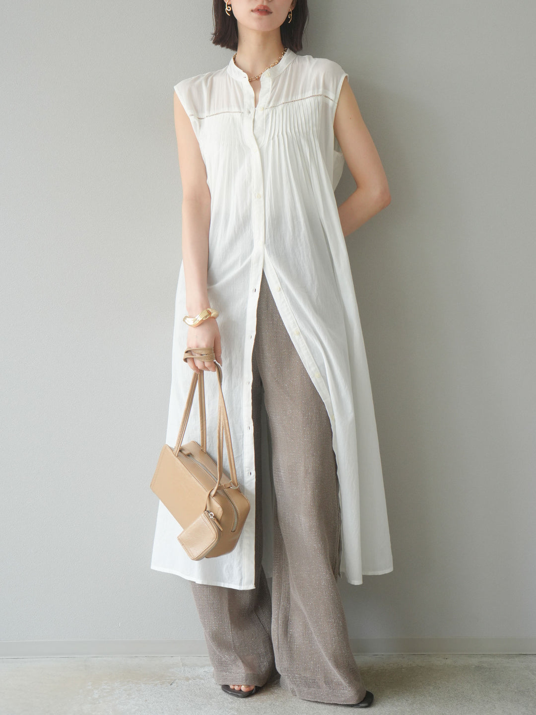 [預購] 棉金銀絲網眼休閒褲/米色