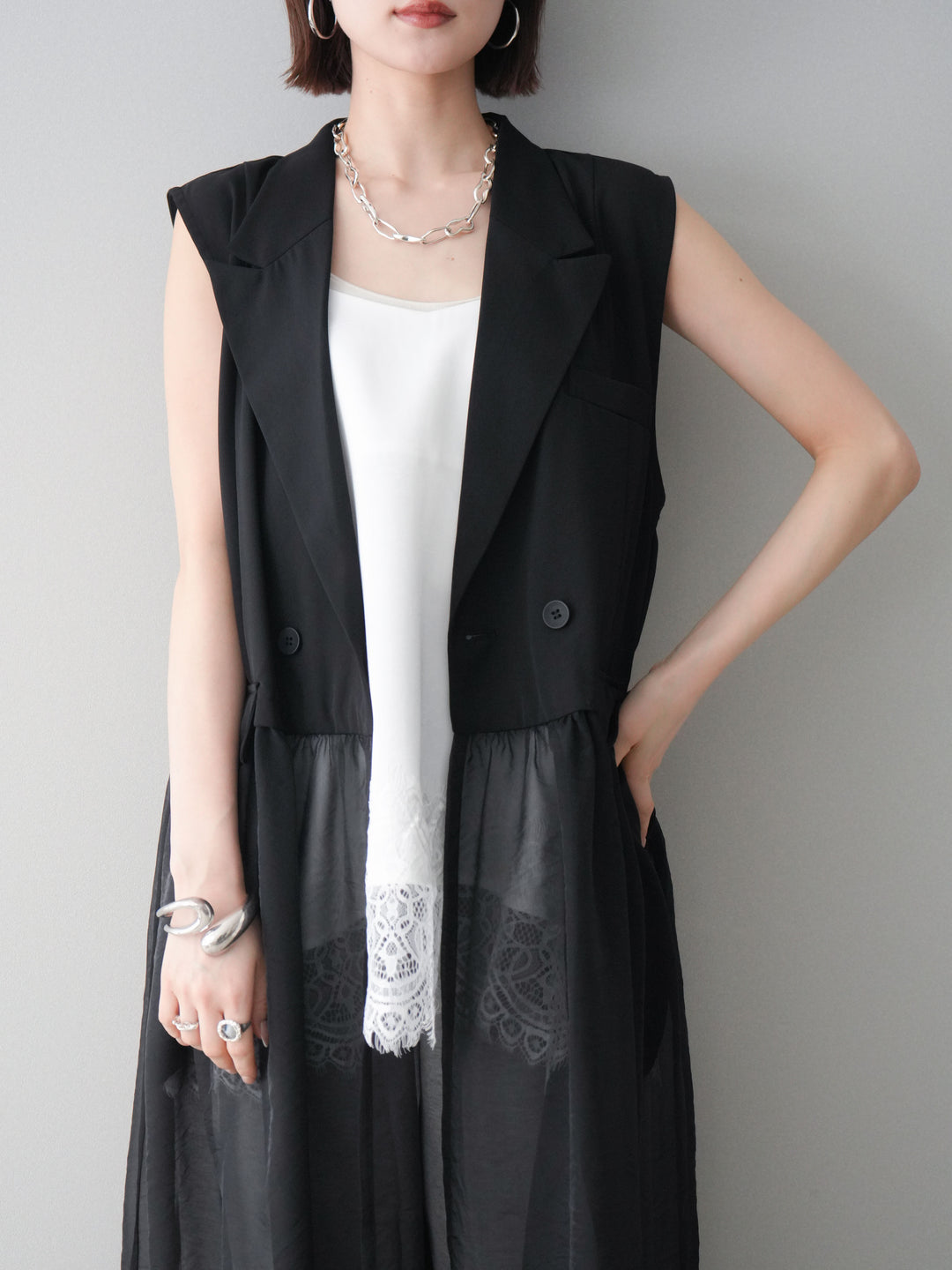 [SET]シアーレイヤードテーラードロングジレ+レーストリムキャミソール+2WAYデザインスウェットパンツ(3set)