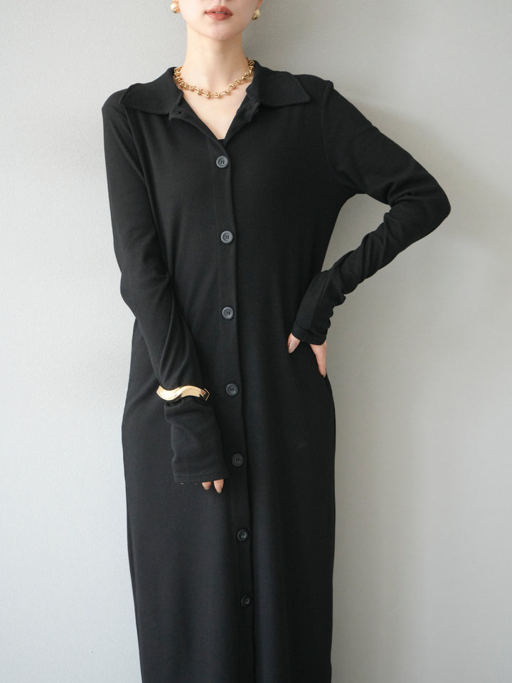 [予約]襟付きカットリブボタンワンピース/ブラック
