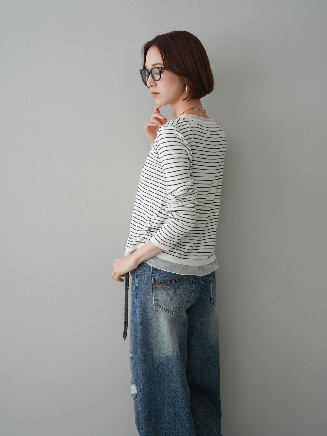 [SET]チュールレイヤードデザインボーダーニットトップス+ダメージデニムセミワイドパンツ(2set)